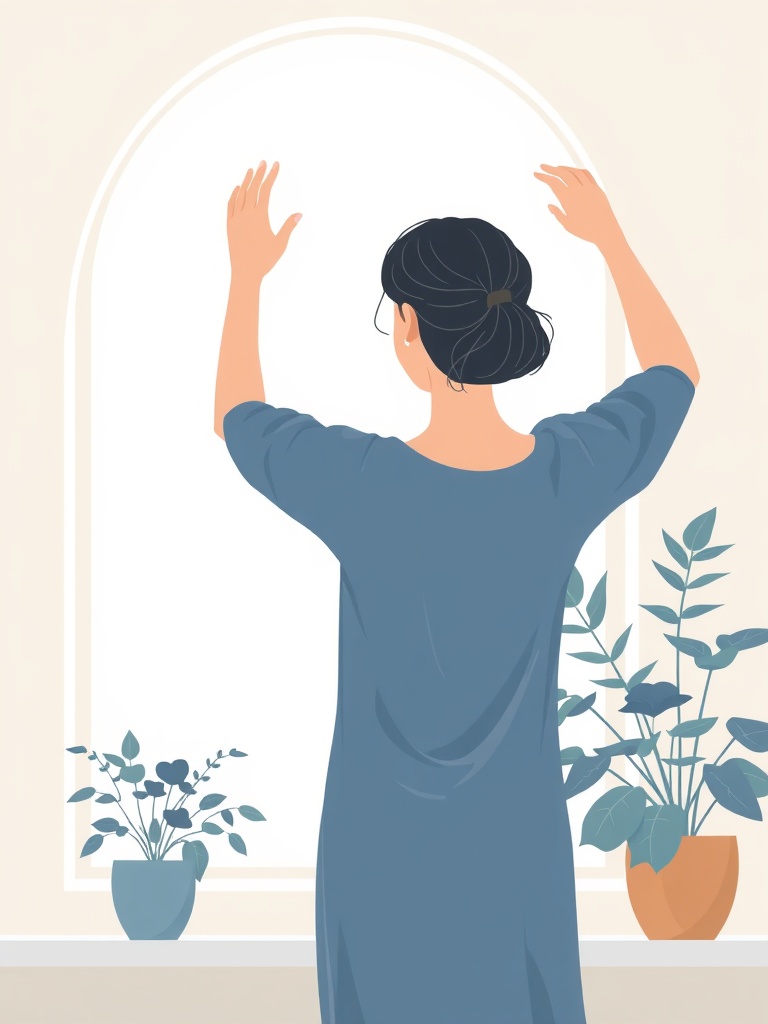 窓辺でゆったりとストレッチをする女性の後ろ姿のイラスト
