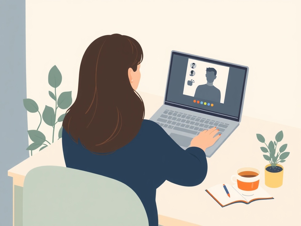 自宅でオンラインサポートを受ける女性の後ろ姿のイラスト